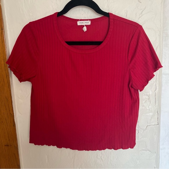 Moa Moa Red Ribbed Short Sleeve Crop Tee - Picture 1 of 3